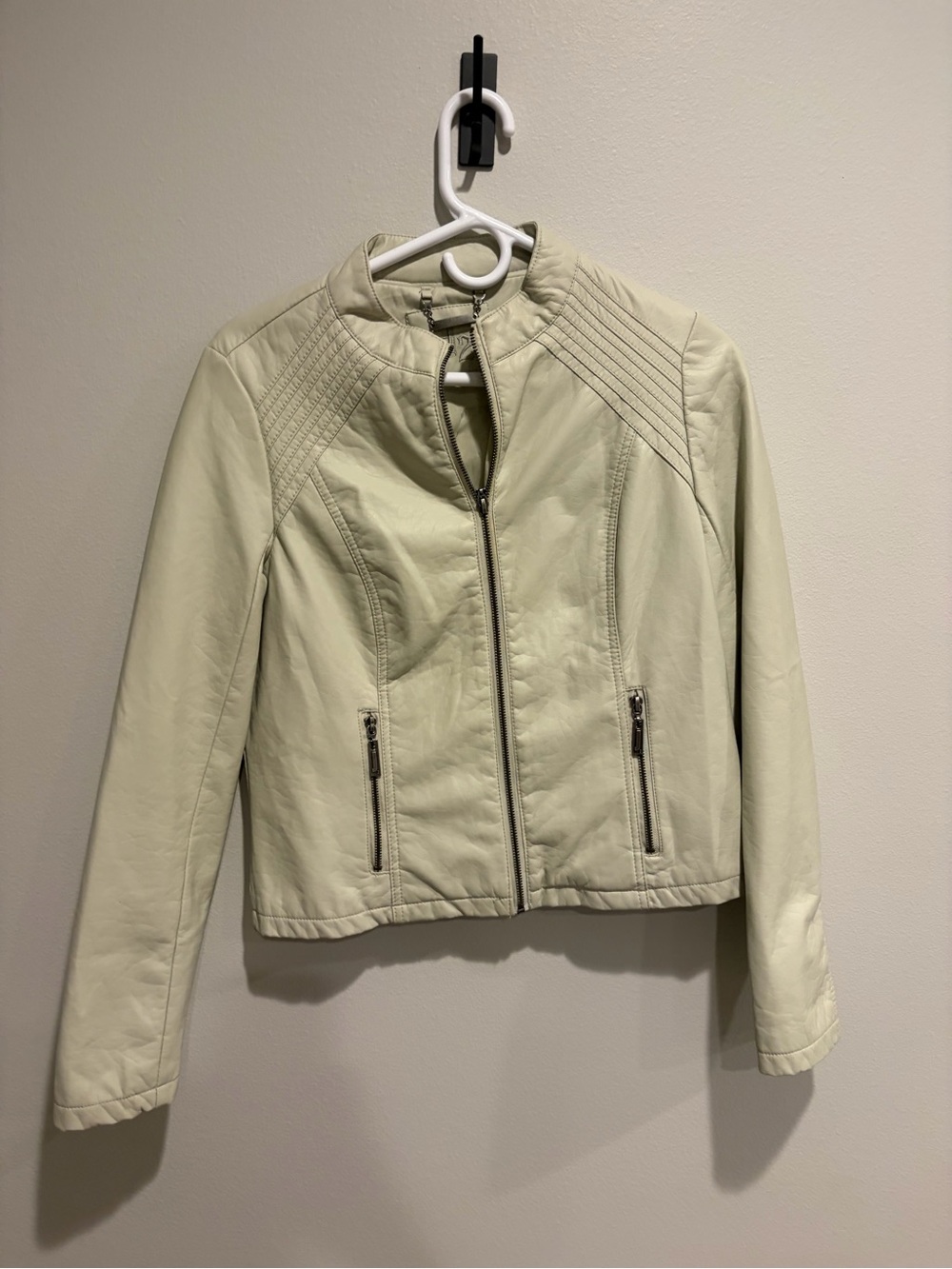 Women’s Light Cream Faux Leather Moto Jacket with Quilted Shoulders